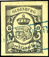 3 Gr. Wappen Auf Mittelgelb, Zentrisch Und Klar Gestempelt Ra2 "OLDENBURG 13/12", Allseitig Sehr Breit Gerandet Und In V - Oldenbourg