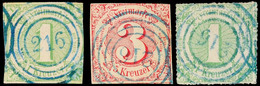 "216" (blau) - WINKEL, Herzogtum Nassau, Je Klar Auf 1 Kr. II.Ausgabe, 3 Kr. III.Ausgabe Und 1 Kr. IV.Ausgabe, Die Beide - Sonstige & Ohne Zuordnung