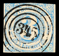 "345" - GREBENHAIN, Zentrisch Klar Auf Farbfrischer, Dreiseitig Breitrandiger 3 Kr. Hellblau, Oben Angeschnitten, Dünnst - Andere & Zonder Classificatie