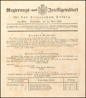 1860, Regierungs- Und Intelligenzblatt Für Das Großherzogtum Coburg Vom 14.April.1860, U.a. Darin Eine Kurze Abhandlung  - Other & Unclassified