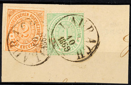 "LAUBACH 3 10 1868" - K1 Mit , Zwei Abschläge Auf Briefstück NDP 2 Kr. Durchstochen (minimal Oxidiert) Und 1 Kr. Gezähnt - Andere & Zonder Classificatie