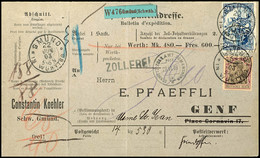 2 M. Schwarzblau Und 50 Pfg. Germania Auf Kpl. Auslands-Wertpaketkarte Aus GMÜND 22.JUN.03 Via Romanshorn Nach Genf, For - Other & Unclassified