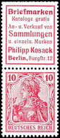 Germania 1911/12, Briefmarken Kosack + 10 Pfg Germania Magenta, Senkrechter Zusammendruck In Der üblichen Herstellungsbe - Sonstige & Ohne Zuordnung