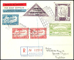 1933, 1. Südamerikafahrt, Paraguayische Post, R-Brief Mit Zeppelinmarken 4 P, 9 P. (2) Und  2 P. Auf  16 P. Nach England - Andere & Zonder Classificatie