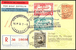 1933, 7. Südamerikafahrt, Paraguayische Post, R-Ganzsachenkarte Mit U.a. 9 P. Und 13,50 P. Zeppelinmarken Sowie Allen St - Sonstige & Ohne Zuordnung
