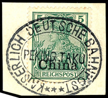 K.D.BAHNPOST PEKING TAKU ***, Gefälligkeitsstpl. Ideal Klar Auf Briefstück 5 Pfg. Reichspost, Katalog: 16 BS - China (offices)