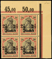 2 1/2 Piaster Auf 50 Pf., Rechter Oberer Eckrandviererblock Tadellos Postfrisch, Mi. 80.-, Katalog: 30(4) ** - Turkse Rijk (kantoren)