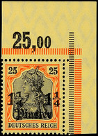 1 1/4 Piaster Auf 25 Pf ** Rechter Oberer Eckrand, Mi. 55,-, Katalog: 39 ** - Turkse Rijk (kantoren)