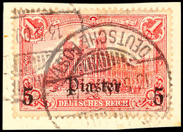 5 Pia. Auf 1 Mark Deutsches Reich, Tadellos Gestempelt Auf Briefstück, Mi. 40.-, Katalog: 44 BS - Turkse Rijk (kantoren)