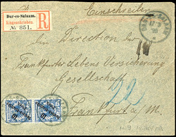 10 Pesa Krone/Adler, Senkr. Paar Als Mehrfachfrankatur Auf R-Brief Von DAR-ES-SALAAM 17/3 98 Nach Frankfurt Mit Ank.stpl - German East Africa