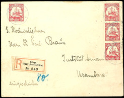 IRINGA 29 10 15, Kriegsdatum, Blaugrau, Je Auf 7½ H. Schiffszeichnung, Einzelmarke. Und Senkr. 3er-Streifen Auf R-Brief  - German East Africa