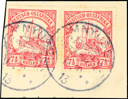 MNYUSSI 11.10 13, 2mal Auf Briefstück Mit 2 Stück 7½ Heller Kaiseryacht (1 Marke 1 Seite Scherentrennung), Katalog: 32(2 - Duits-Oost-Afrika