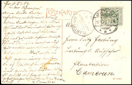 PLANTATION KAMERUN 1.10.09, Klar Als Ak.-Stempel Auf AK Aus Deutschland Mit 5 Pfg Germania (Eckfehler), Karte Unten Mit  - Kamerun