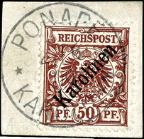 50 Pfennig Krone/Adler Mit Diagonalem Aufdruck "Karolinen", Gestempelt "PONAPE 27.6.00" Auf Briefstück, Bis Auf Geringe  - Carolinen