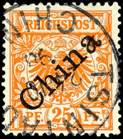 25 Pfennig Gelblichorange, Diagonaler Aufdruck, Tadellose Marke Mit Stempel "TSINTAU KIAUTSCHOU **", Michel 100,-, Katal - Kiautschou