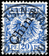 20 Pfennig Violettultramarin, Steiler Aufdruck, Schöne Marke Mit Stempel "TSINGTAU KIAUTSCHOU *a", Michel 240,-, Katalog - Kiaochow