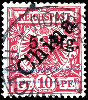 1 Tsingtau-Ausgabe10 Pfennig Krone/Adler, China Diagonal, Aufdruck 5 Pfg. In Type 2, Zwei Blaue Striche, In Dieser Form  - Kiautschou