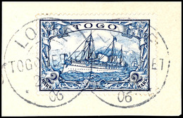 2 Mk. Schiffszeichnung Auf Briefstück, Klare Stpl. "LOME 24/4 06", Mi. 100,-, Katalog: 17 BS - Togo