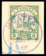 NUATYÄ 10 7 07, Klar Mit übergehendem Blaustrich Auf Briefstück 5 Pf. Schiffszeichnung, Katalog: 8 BS - Togo