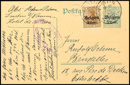 "LUSTIN 18 VII 1916"; Je Auf GA-Karte 5 C. Mit Zusatzfrankatur 3 C. Mit Zensur Nach Brüssel, Gepr. Hey BPP, Katalog: 11a - WWI