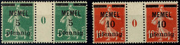 5 Pf A. 5 C. Säerin B-Farbe Und 10 Pf A. 10 C. Säerin Y-Papier, Zwei Postfrische Zwischenstegpaare Mit Ms "0", Je Gepr.  - Memelland 1923