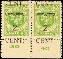 2 C Auf 50 M, Type IV, Waagr. Paar Vom Bogenunterrand, Dabei Lnke Marke Mit Plattenfehler "linker Zierbalken Zu Ca. 1/4  - Memel (Klaïpeda) 1923