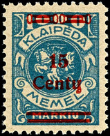15 Cent Auf 1000 Mark, Type I, Postfrisch, Tadellos, Unsigniert, Fotoattest Nagler VP, Mi 500,-, Katalog: 213I ** - Memelland 1923