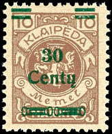 30 Cent Auf 10 Mark, Type I, Postfrisch, Tadellos, Unsigniert, Fotoattest Nagler VP, Mi. 250,-, Katalog: 222I ** - Memelland 1923