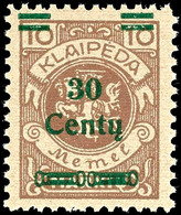 30 Cent Auf 10 Mark, Type I, Postfrisch, Tadellos, Unsigniert, Fotoattest Nagler VP, Mi. 250,-, Katalog: 222I ** - Klaipeda 1923