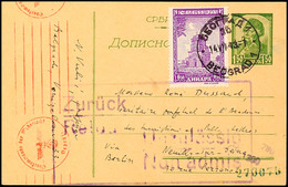 Ganzsachenkarte über 1,50 Din. Mit Zusatzporto über 0,50 Din. Auf Portogerechter Auslands-Postkarte Nach Neuilly-sur-Sei - WW2