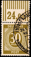 30 Pf. Ziffer Bräunlicholiv, Oberrandstück Walzendruck, Gestempelt, Farbgepr. Arge, Mi. 250.-, Katalog: 928bWOR O - Sonstige & Ohne Zuordnung