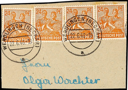 24 Pfg. Arbeiter Orangebraun, 4x Auf Pracht-Briefstück, 1 Wert Mit 2 Kleinen Stockflecken, Sonst Einwandfrei, Geprüft AR - Other & Unclassified