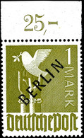 1 Mark Schwarzaufdruck In A-Farbe Oberrand Platte Ndgz. Tadellos Postfrisch, Tiefst Gepr. Schlegel BPP, Mi. 600,--, Kata - Andere & Zonder Classificatie