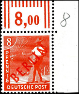 8 Pf Rotaufdruck Rechte Obere Bogenecke Walze Tadellos Postfrisch, Tiefst Gepr. Schlegel BPP, Mi. 250,--, Katalog: 23 W  - Other & Unclassified