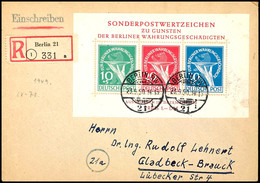 Währungsgeschädigten-Block Mit Beiden Plattenfehlern Auf Portogerechtem R-Brief Von "BERLIN 23.9.50" Nach Gladbach Mit A - Other & Unclassified