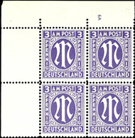 3 Pfg AM-Post, Englischer Druck, Auf Papier Y, Eckrand-4er-Block Mit Platten-Nr. "6A", Tadellos Postfrisch, Unsigniert,  - Other & Unclassified