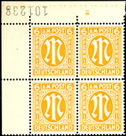 6 Pfg AM-Post, Englischer Druck, Eckrand-4er-Block Mit Platten-Nr. "1B", Tadellos Postfrisch, Unsigniert, Mi. 208,-, Kat - Other & Unclassified