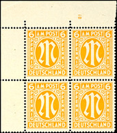 6 Pfg AM-Post, Englischer Druck, Eckrand-4er-Block Mit Platten-Nr. "1B", Tadellos Postfrisch, Unsigniert, Kleiner Eckbug - Other & Unclassified