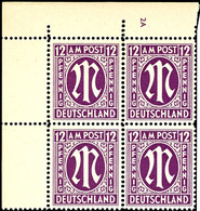 12 Pfg AM-Post, Englischer Druck, Eckrand-4er-Block Mit Platten-Nr. "2A", Tadellos Postfrisch, Unsigniert, Mi. 424,-, Ka - Other & Unclassified