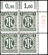 1 Pfg AM-Post, Deutscher Druck, Eckrand-4er-Block Mit Roter Bogenrandzählnummer "4207", Tadellos Postfrisch, Unsigniert, - Andere & Zonder Classificatie