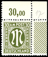 30 Pfg Dt. Druck Grauoliv Mit Zähnung A, Postfrisches Prachtstück Aus Der Rechten Oberen Bogenecke Ohne Bogenzählnummer, - Andere & Zonder Classificatie