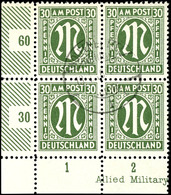 30 Pf. Grünoliv, Zähnung B, Linker Unterer Eckrandviererblock, Gest., Fotobefund Hettler BPP, Mi. 280,-, Katalog: 29bBz( - Other & Unclassified