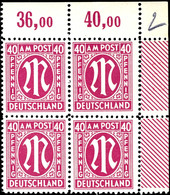 40 Pfg AM-Post, Deutscher Druck, Eckrand-4er-Block Mit Roter Bogenrandzählnummer "902", Tadellos Postfrisch, Seltene Und - Other & Unclassified