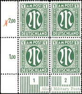 1 RM AM-Post, Deutscher Druck, Mit Plattenfehler IV Im Eckrand-4er-Block Mit Bogenrandinschrift Mit Normalmarken, Tadell - Andere & Zonder Classificatie