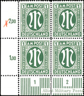 1 RM AM-Post, Deutscher Druck, Mit Plattenfehler IV Im Eckrand-4er-Block Mit Bogenrandinschrift Mit Normalmarken, Tadell - Other & Unclassified
