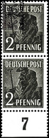 2 Pfg. Senkrechtes Paar, Obere Marke Mit Senkrechtem Band-Teilaufdruck, Untere Marke Ohne Aufdruck, Postfrisch Vom Unter - Other & Unclassified