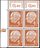 4 Pfg Heuss, 4er-Block Mit Linker Oberer Bogenecke Und Druckerzeichen "5" Neg (Pos. 2c) Und Deutlichem Schraubenkopfabdr - Other & Unclassified