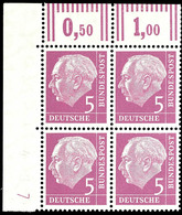 5 Pfg Heuss, 4er-Block Mit Linker Oberer Bogenecke Und Druckerzeichen "7" (Pos. 3a), Tadellos Postfrisch, Unsigniert, Ka - Other & Unclassified