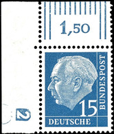 15 Pfg Heuss, Linke Obere Bogenecke Mit Druckerzeichen "2" Neg (Pos. 2a), Tadellos Postfrisch, Unsigniert, Kabinett, Kat - Andere & Zonder Classificatie