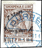 1914, 2 Quarter-1 Franken Ankunft Des Königs Mit Blauem Stempel "DURRES 7. 3. 14" Auf Briefstücken, Mi. 500,-, Katalog:  - German Occ.: Albania